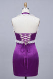 Purple Bodycon Halter Beaded Mini Cocktail Dress with Lace Up Back