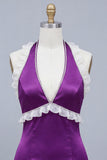 Purple Bodycon Halter Beaded Mini Cocktail Dress with Lace Up Back