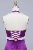 Purple Bodycon Halter Beaded Mini Cocktail Dress with Lace Up Back