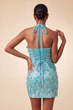 Halter Lilac Sequins Bodycon Short Party Dress with Lace Up Back