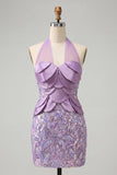 Halter Lilac Sequins Bodycon Short Party Dress with Lace Up Back