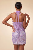 Halter Lilac Sequins Bodycon Short Party Dress with Lace Up Back