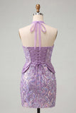 Halter Lilac Sequins Bodycon Short Party Dress with Lace Up Back