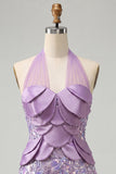 Halter Lilac Sequins Bodycon Short Party Dress with Lace Up Back