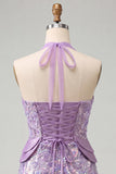 Halter Lilac Sequins Bodycon Short Party Dress with Lace Up Back
