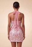 Halter Lilac Sequins Bodycon Short Party Dress with Lace Up Back