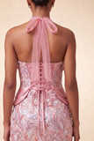 Halter Lilac Sequins Bodycon Short Party Dress with Lace Up Back