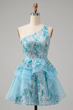 One Shoulder Sequins Light Blue A-Line Ruffled Party Dress with Lace Up Back