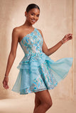 One Shoulder Sequins Light Blue A-Line Ruffled Party Dress with Lace Up Back