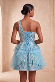 One Shoulder Sequins Light Blue A-Line Ruffled Party Dress with Lace Up Back