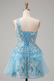 One Shoulder Sequins Light Blue A-Line Ruffled Party Dress with Lace Up Back