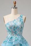 One Shoulder Sequins Light Blue A-Line Ruffled Party Dress with Lace Up Back