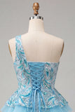 One Shoulder Sequins Light Blue A-Line Ruffled Party Dress with Lace Up Back