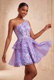 One Shoulder Sequins Light Blue A-Line Ruffled Party Dress with Lace Up Back
