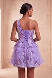 One Shoulder Sequins Light Blue A-Line Ruffled Party Dress with Lace Up Back