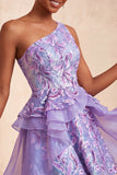One Shoulder Sequins Light Blue A-Line Ruffled Party Dress with Lace Up Back