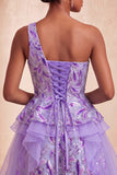 One Shoulder Sequins Light Blue A-Line Ruffled Party Dress with Lace Up Back