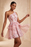 One Shoulder Sequins Light Blue A-Line Ruffled Party Dress with Lace Up Back