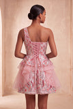 One Shoulder Sequins Light Blue A-Line Ruffled Party Dress with Lace Up Back