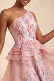 One Shoulder Sequins Light Blue A-Line Ruffled Party Dress with Lace Up Back