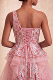 One Shoulder Sequins Light Blue A-Line Ruffled Party Dress with Lace Up Back