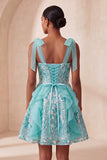 Sparkly Pink A-Line Ruffled Corset Bowed Straps Sequins Party Dress