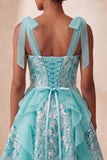 Sparkly Pink A-Line Ruffled Corset Bowed Straps Sequins Party Dress