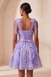 Sparkly Pink A-Line Ruffled Corset Bowed Straps Sequins Party Dress