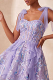 Sparkly Pink A-Line Ruffled Corset Bowed Straps Sequins Party Dress