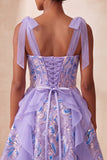 Sparkly Pink A-Line Ruffled Corset Bowed Straps Sequins Party Dress