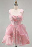 Sparkly Pink A-Line Ruffled Corset Bowed Straps Sequins Party Dress