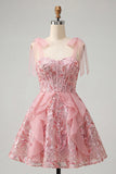 Sparkly Pink A-Line Ruffled Corset Bowed Straps Sequins Party Dress