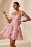 Sparkly Pink A-Line Ruffled Corset Bowed Straps Sequins Party Dress
