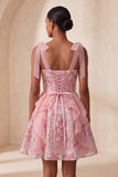 Sparkly Pink A-Line Ruffled Corset Bowed Straps Sequins Party Dress