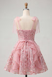 Sparkly Pink A-Line Ruffled Corset Bowed Straps Sequins Party Dress