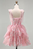 Sparkly Pink A-Line Ruffled Corset Bowed Straps Sequins Party Dress