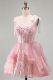 Sparkly Pink A-Line Ruffled Corset Bowed Straps Sequins Party Dress