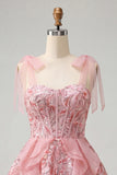Sparkly Pink A-Line Ruffled Corset Bowed Straps Sequins Party Dress