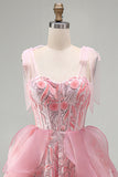 Sparkly Pink A-Line Ruffled Corset Bowed Straps Sequins Party Dress