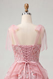Sparkly Pink A-Line Ruffled Corset Bowed Straps Sequins Party Dress
