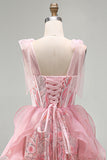 Sparkly Pink A-Line Ruffled Corset Bowed Straps Sequins Party Dress