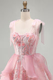 Sparkly Pink A-Line Ruffled Corset Bowed Straps Sequins Party Dress