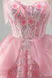 Sparkly Pink A-Line Ruffled Corset Bowed Straps Sequins Party Dress