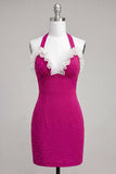 Halter Ruffled Fuchsia Bodycon Lace Up Back Cocktail Dress with Beading