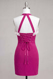 Halter Ruffled Fuchsia Bodycon Lace Up Back Cocktail Dress with Beading