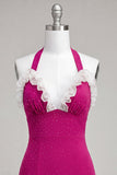 Halter Ruffled Fuchsia Bodycon Lace Up Back Cocktail Dress with Beading