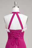 Halter Ruffled Fuchsia Bodycon Lace Up Back Cocktail Dress with Beading