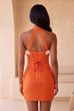 Halter Ruffled Fuchsia Bodycon Lace Up Back Cocktail Dress with Beading