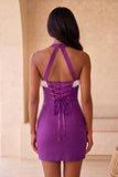 Halter Ruffled Fuchsia Bodycon Lace Up Back Cocktail Dress with Beading