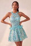 Lake Blue A-Line Corset Sequins Ruffled Party Dress with Lace Up Back